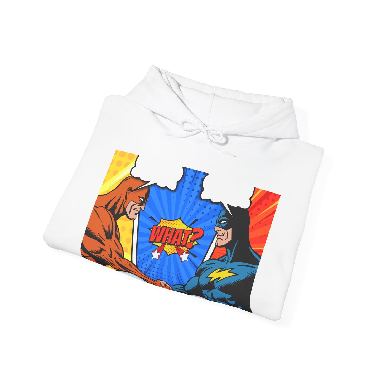 Superhero Showdown Hoodie – Unisex Heavy Blend™ Sweatshirt with 'WHAT?' Design