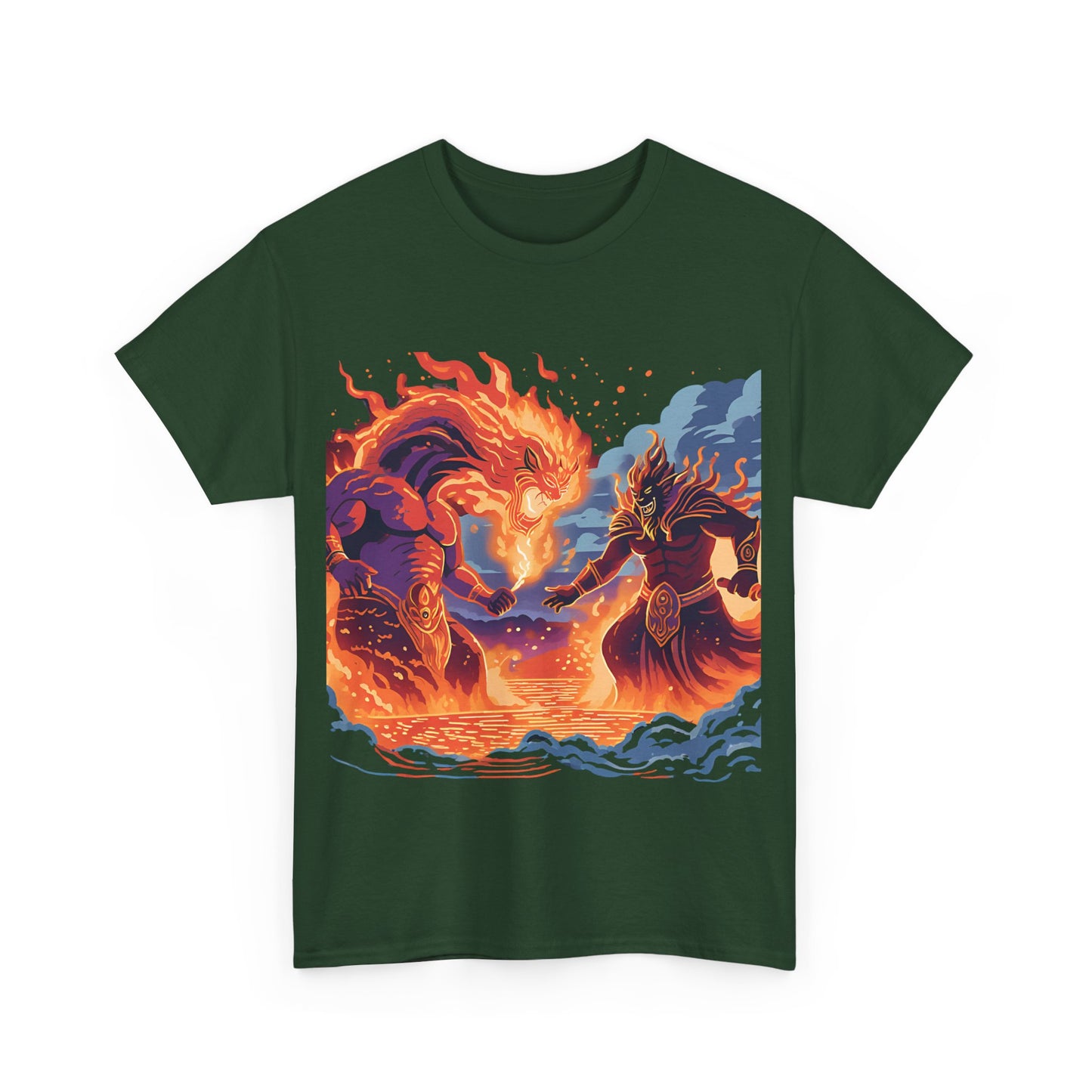 Epic Battle Unisex Heavy Cotton Tee - Fiery Dragon vs. Ocean Guardian Design