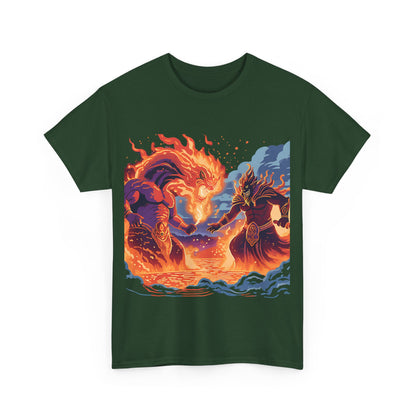 Epic Battle Unisex Heavy Cotton Tee - Fiery Dragon vs. Ocean Guardian Design