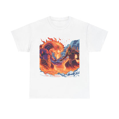 Epic Battle Unisex Heavy Cotton Tee - Fiery Dragon vs. Ocean Guardian Design