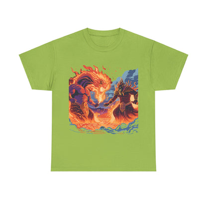 Epic Battle Unisex Heavy Cotton Tee - Fiery Dragon vs. Ocean Guardian Design