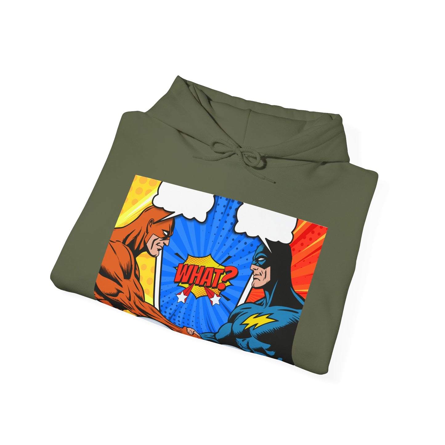 Superhero Showdown Hoodie – Unisex Heavy Blend™ Sweatshirt with 'WHAT?' Design