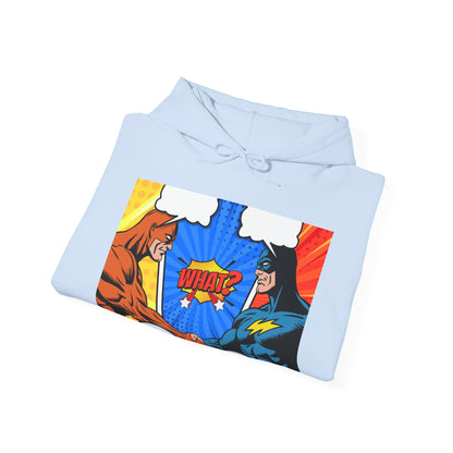 Superhero Showdown Hoodie – Unisex Heavy Blend™ Sweatshirt with 'WHAT?' Design