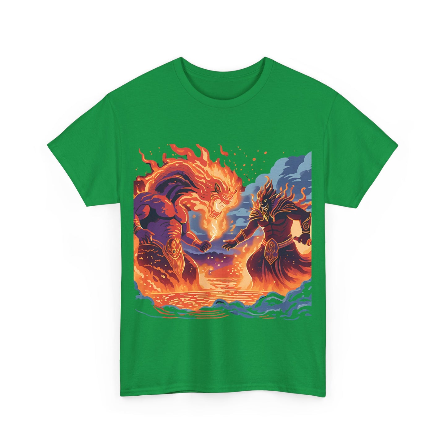 Epic Battle Unisex Heavy Cotton Tee - Fiery Dragon vs. Ocean Guardian Design