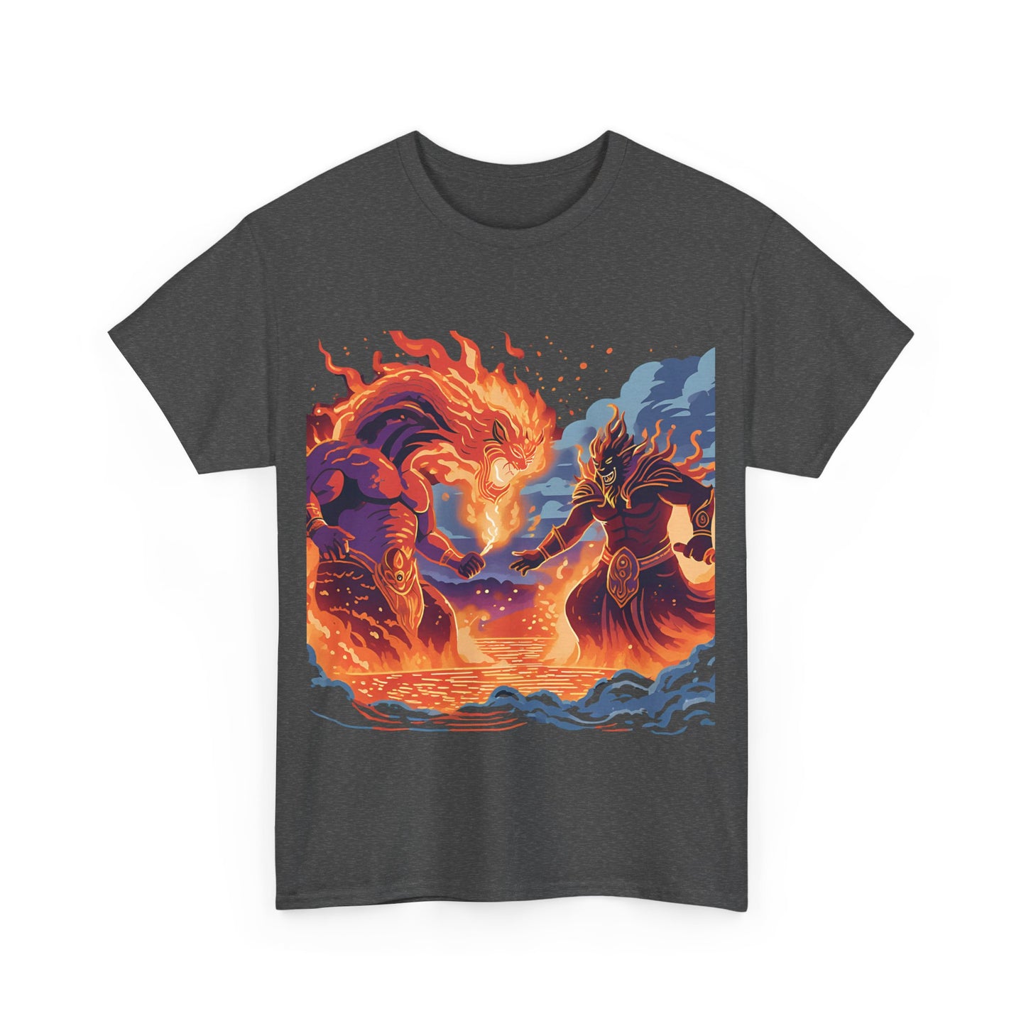 Epic Battle Unisex Heavy Cotton Tee - Fiery Dragon vs. Ocean Guardian Design