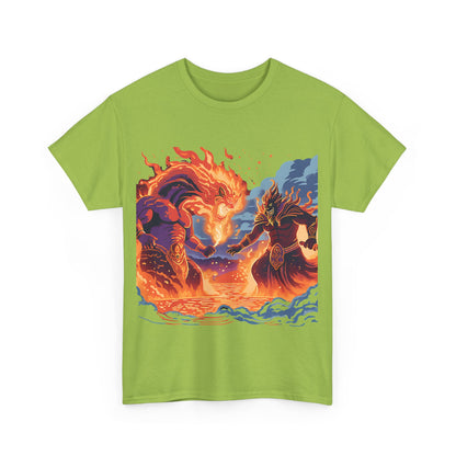 Epic Battle Unisex Heavy Cotton Tee - Fiery Dragon vs. Ocean Guardian Design