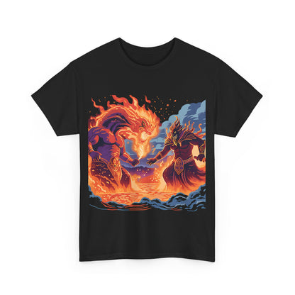 Epic Battle Unisex Heavy Cotton Tee - Fiery Dragon vs. Ocean Guardian Design