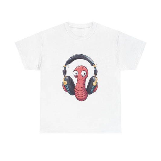 Funny Worm with Headphones Unisex Heavy Cotton Tee