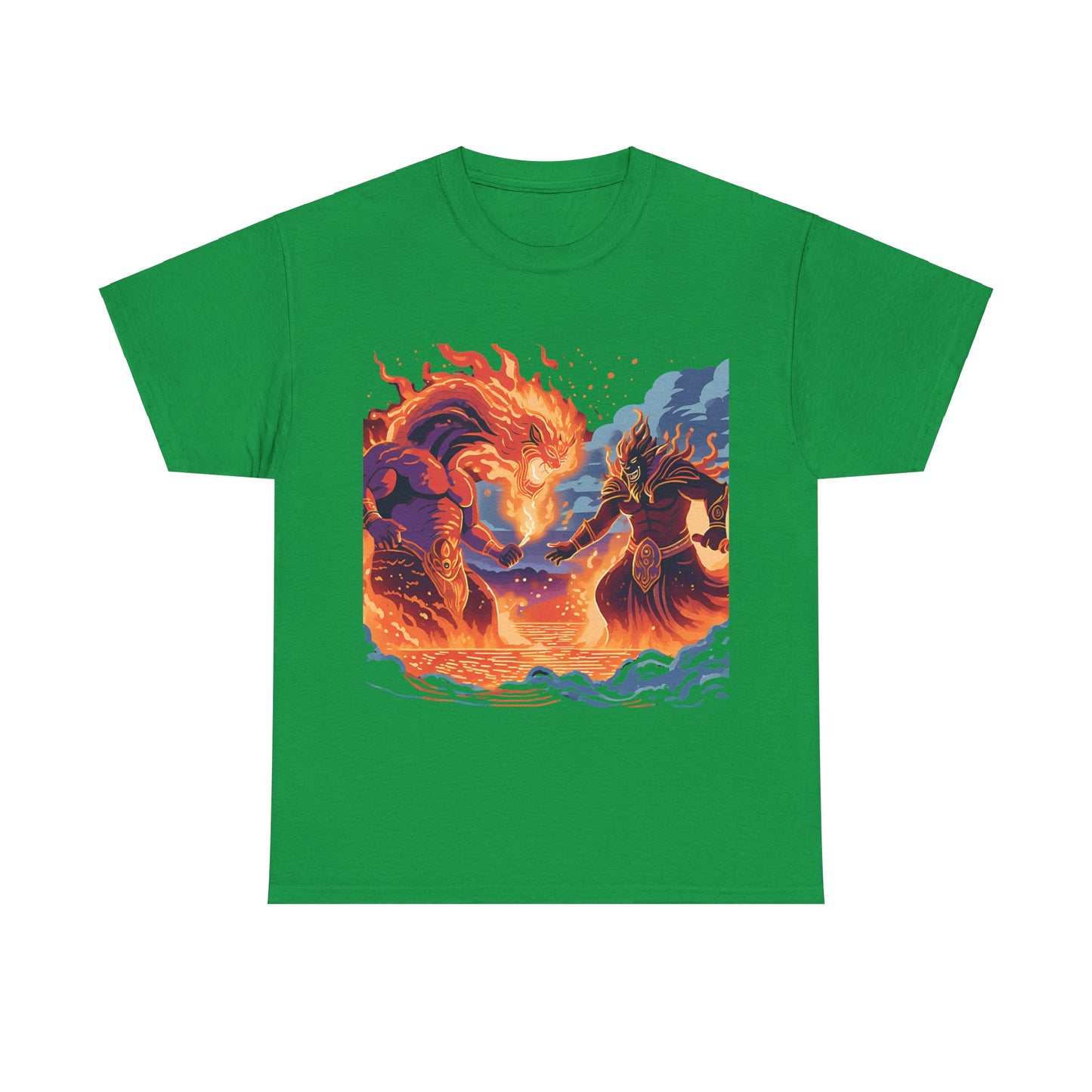 Epic Battle Unisex Heavy Cotton Tee - Fiery Dragon vs. Ocean Guardian Design