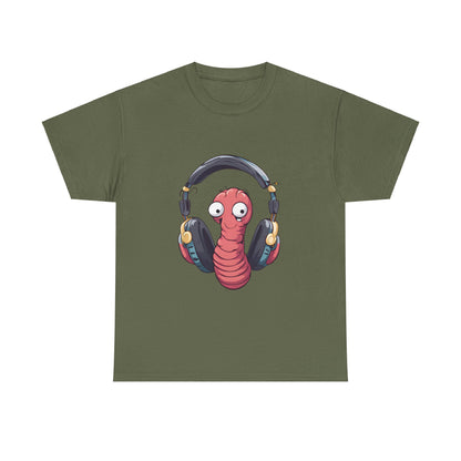 Funny Worm with Headphones Unisex Heavy Cotton Tee