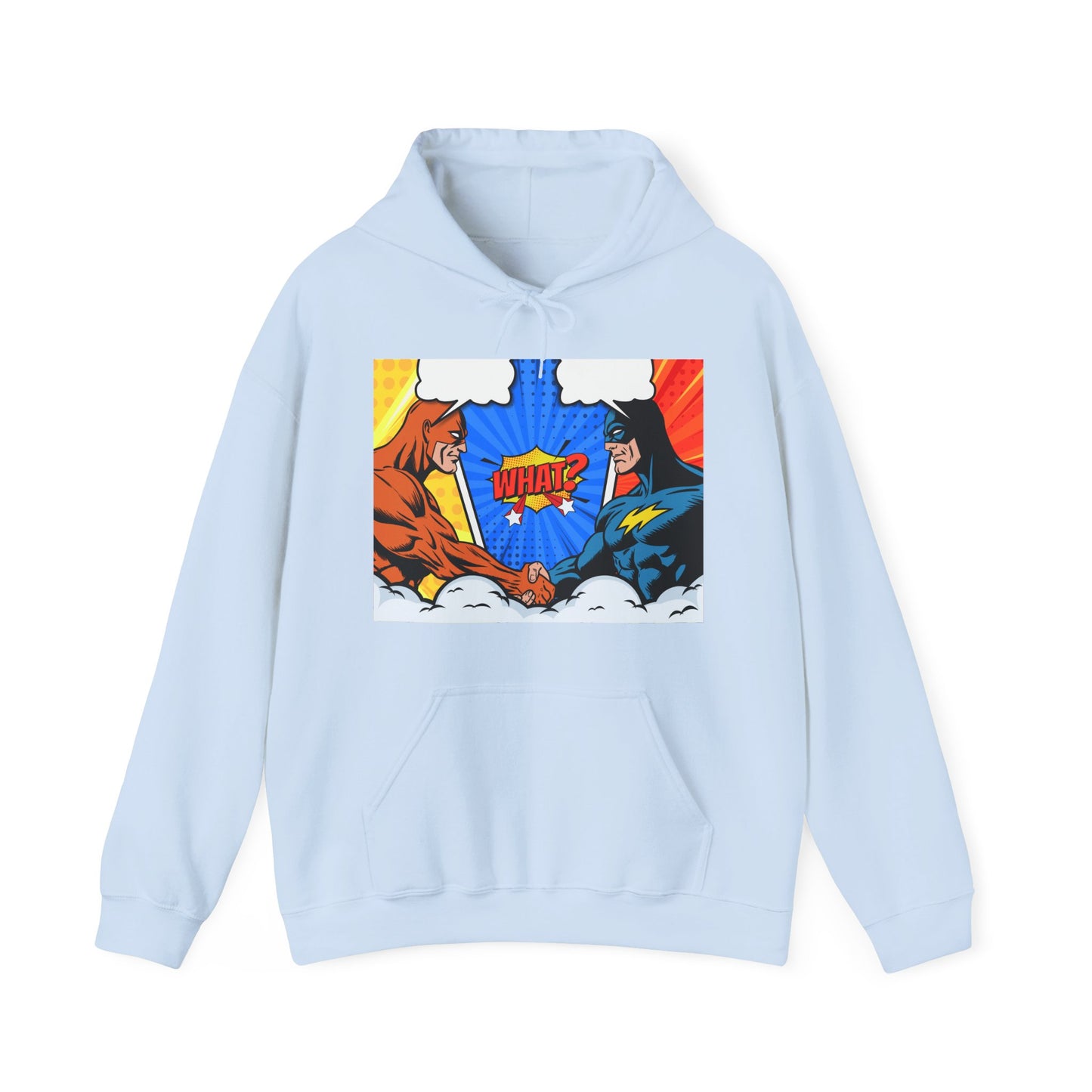 Superhero Showdown Hoodie – Unisex Heavy Blend™ Sweatshirt with 'WHAT?' Design