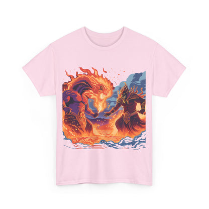 Epic Battle Unisex Heavy Cotton Tee - Fiery Dragon vs. Ocean Guardian Design