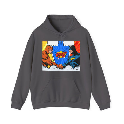 Superhero Showdown Hoodie – Unisex Heavy Blend™ Sweatshirt with 'WHAT?' Design