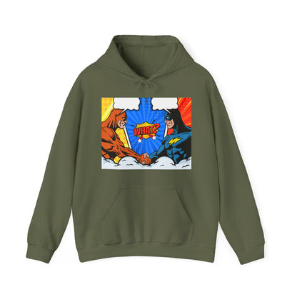 Superhero Showdown Hoodie – Unisex Heavy Blend™ Sweatshirt with 'WHAT?' Design