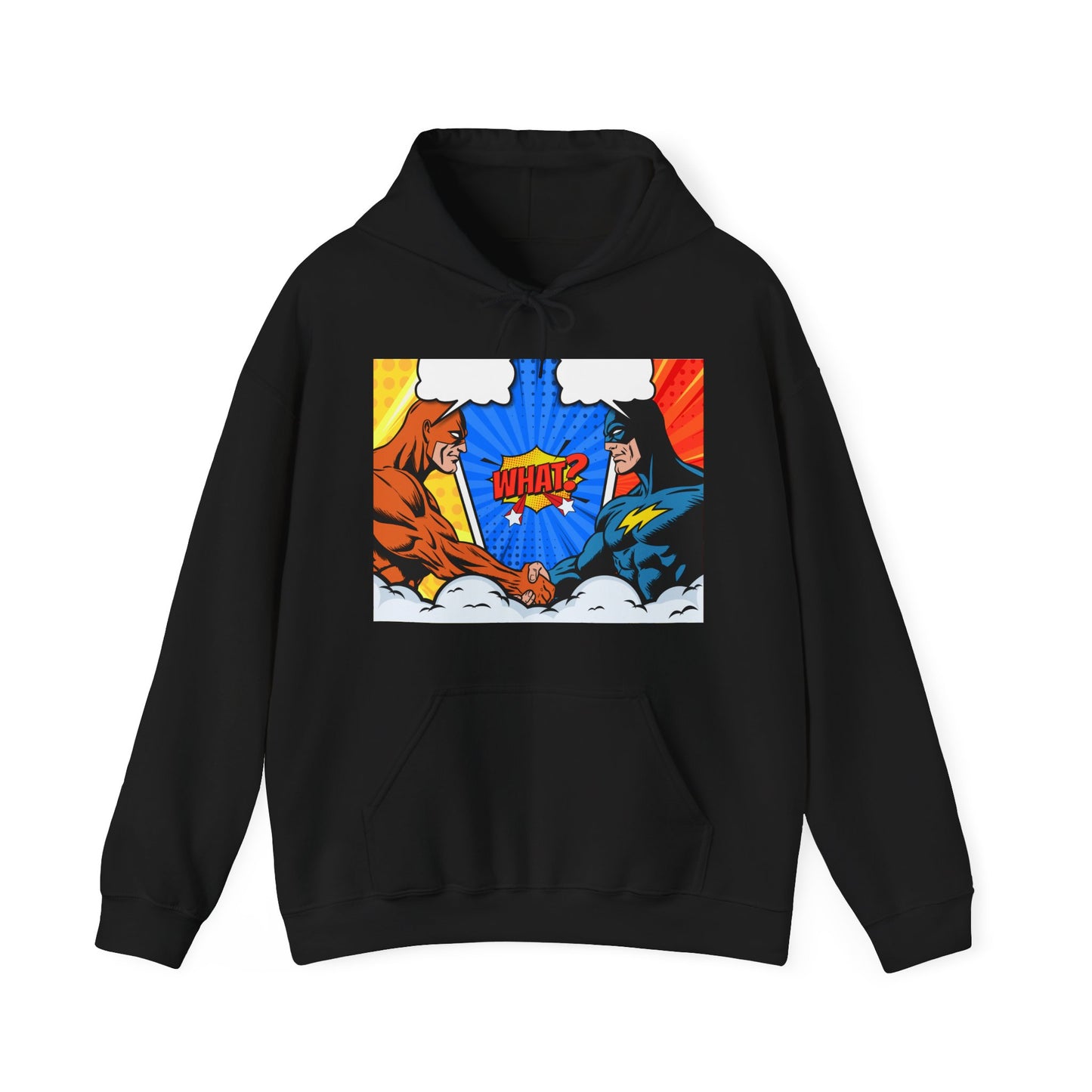 Superhero Showdown Hoodie – Unisex Heavy Blend™ Sweatshirt with 'WHAT?' Design