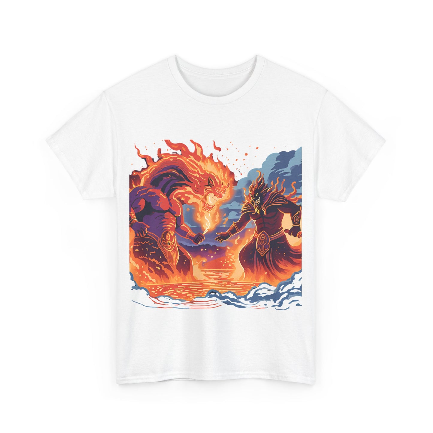 Epic Battle Unisex Heavy Cotton Tee - Fiery Dragon vs. Ocean Guardian Design