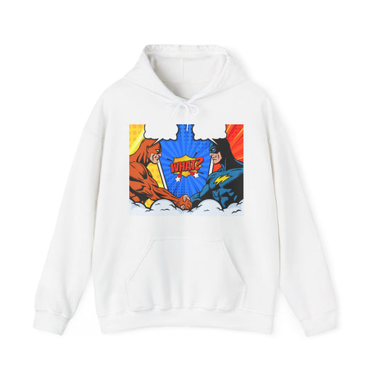 Superhero Showdown Hoodie – Unisex Heavy Blend™ Sweatshirt with 'WHAT?' Design