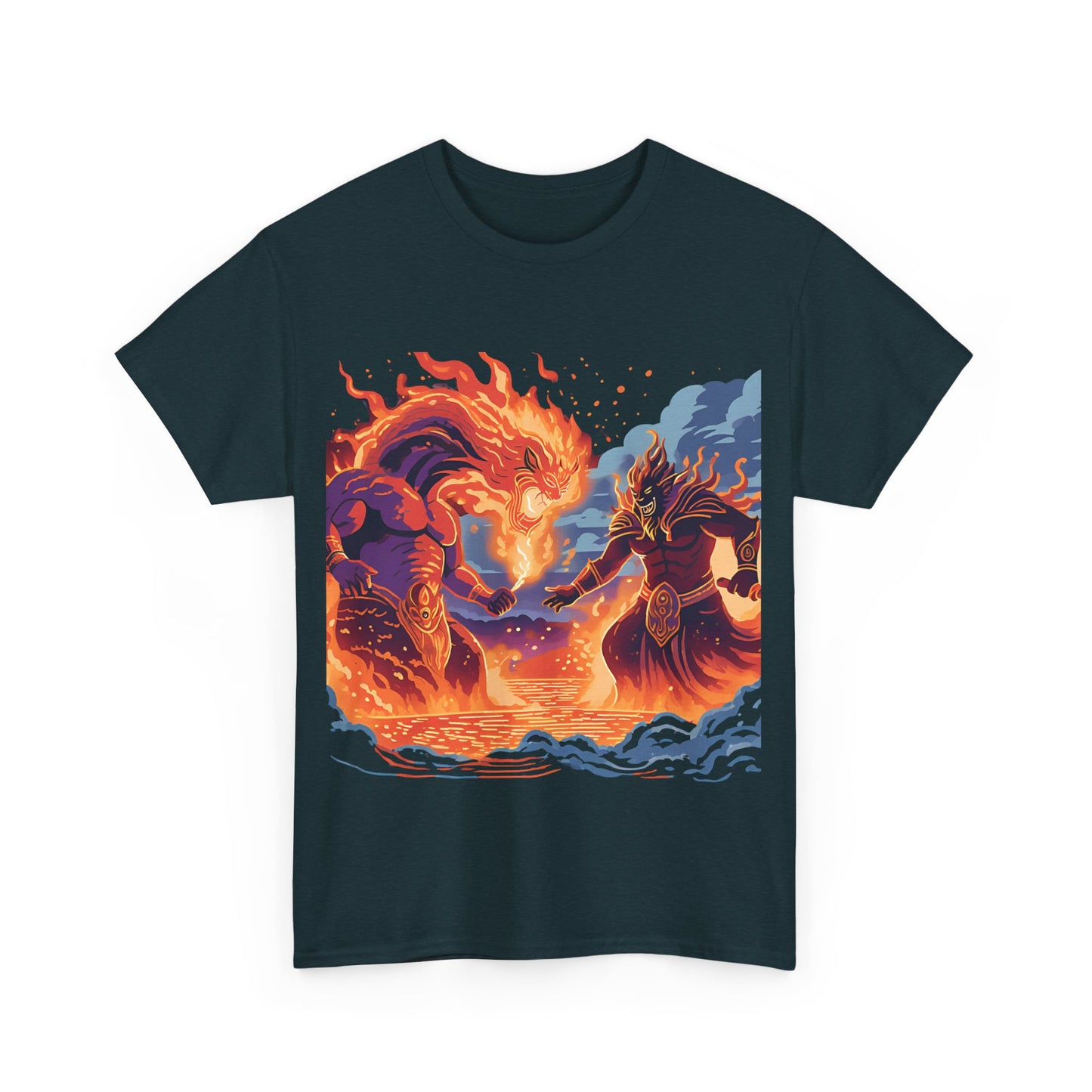 Epic Battle Unisex Heavy Cotton Tee - Fiery Dragon vs. Ocean Guardian Design