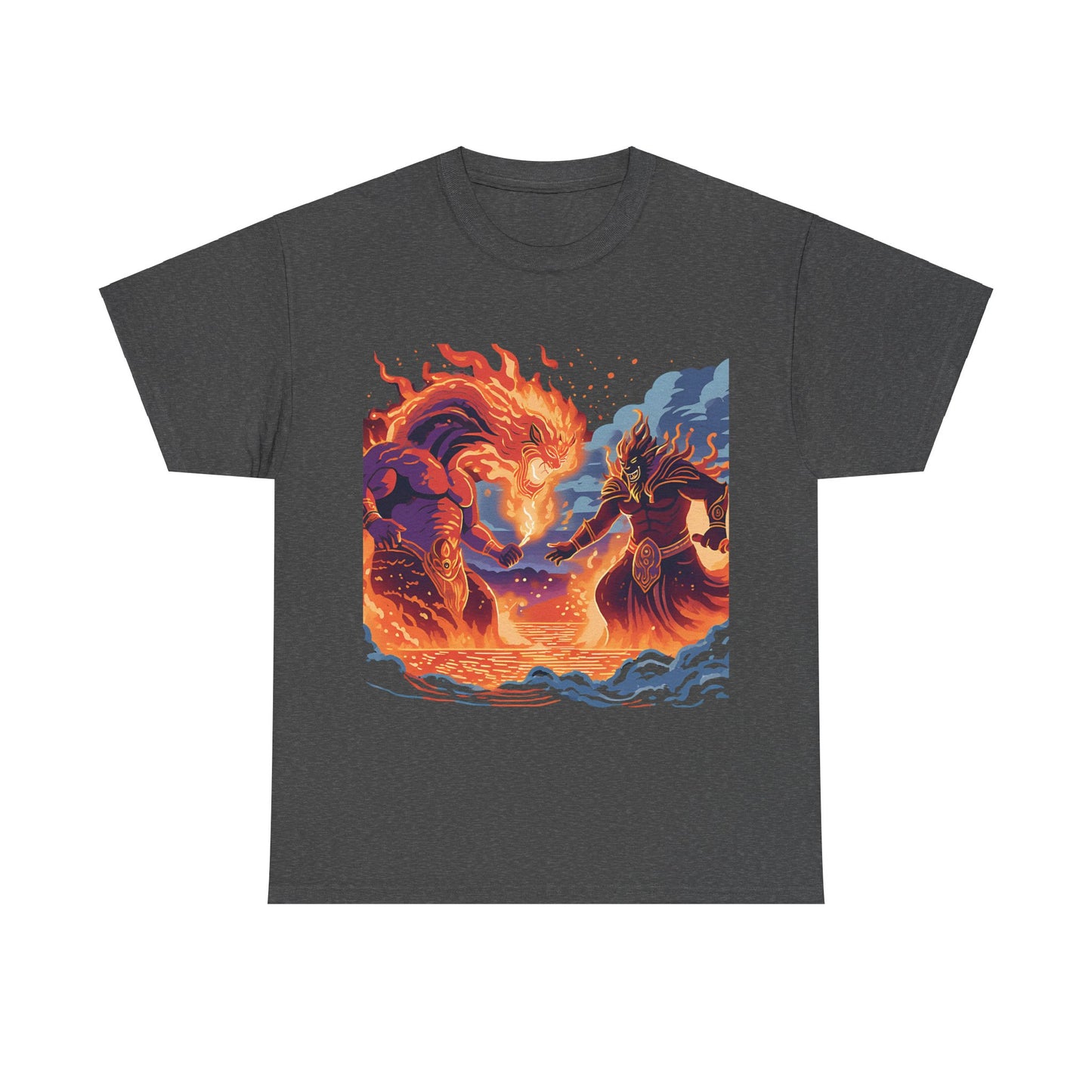 Epic Battle Unisex Heavy Cotton Tee - Fiery Dragon vs. Ocean Guardian Design