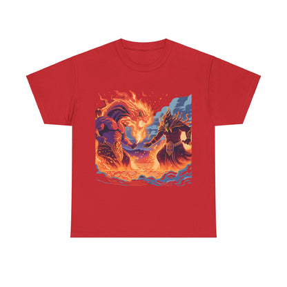 Epic Battle Unisex Heavy Cotton Tee - Fiery Dragon vs. Ocean Guardian Design