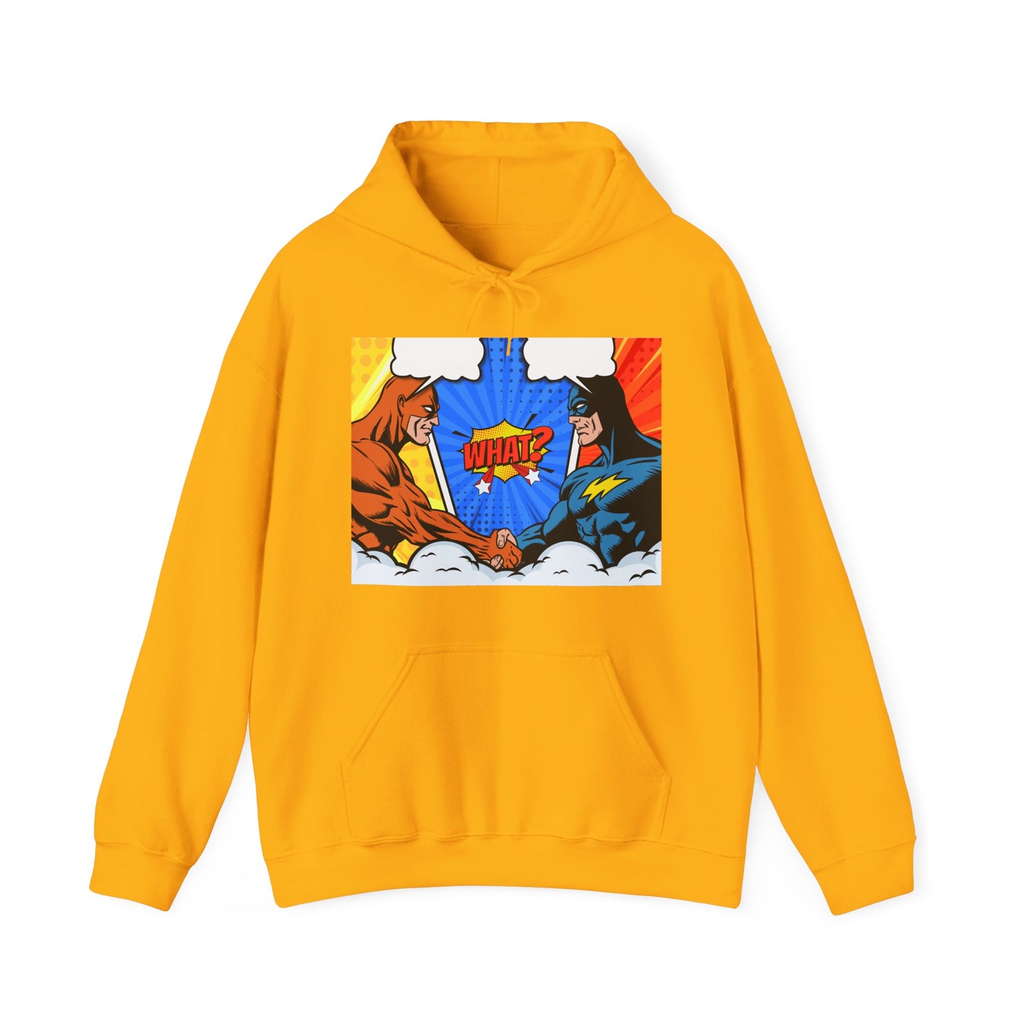 Superhero Showdown Hoodie – Unisex Heavy Blend™ Sweatshirt with 'WHAT?' Design