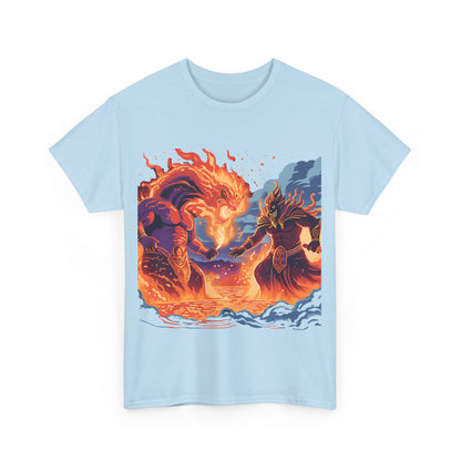 Epic Battle Unisex Heavy Cotton Tee - Fiery Dragon vs. Ocean Guardian Design