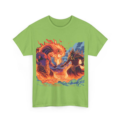 Epic Battle Unisex Heavy Cotton Tee - Fiery Dragon vs. Ocean Guardian Design