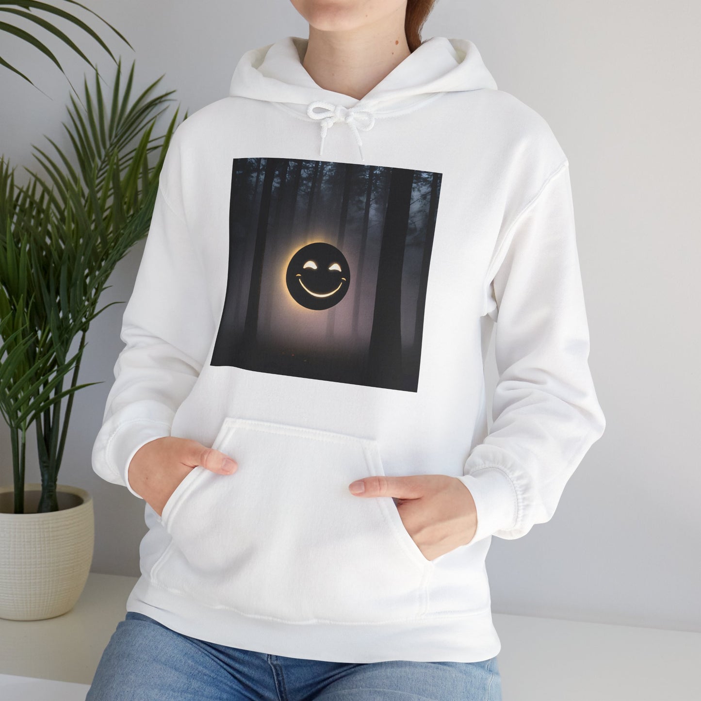 Smiley Moon Unisex Hoodie - Cozy Forest Vibes