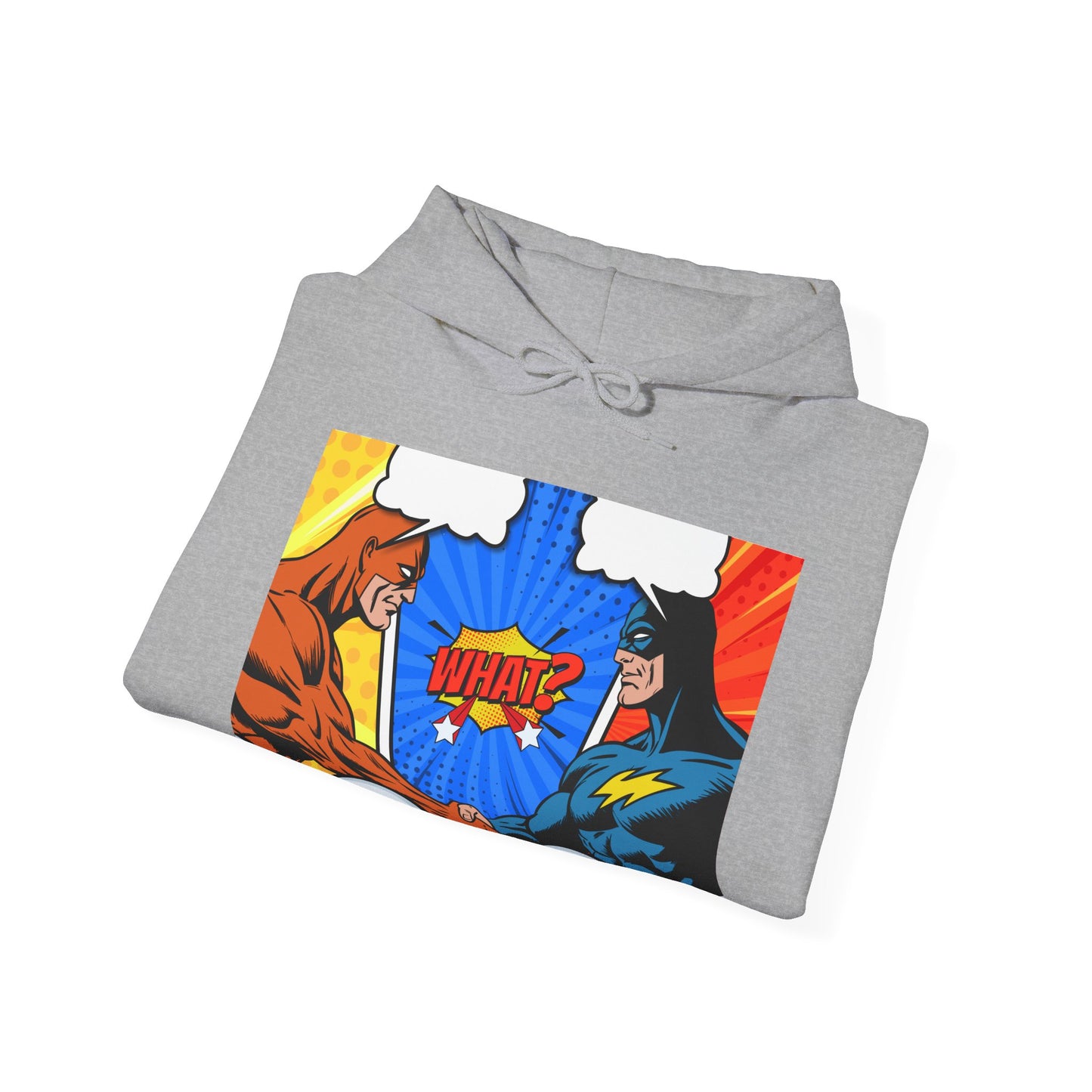 Superhero Showdown Hoodie – Unisex Heavy Blend™ Sweatshirt with 'WHAT?' Design