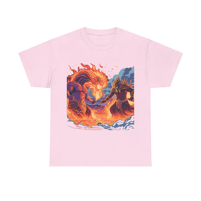 Epic Battle Unisex Heavy Cotton Tee - Fiery Dragon vs. Ocean Guardian Design