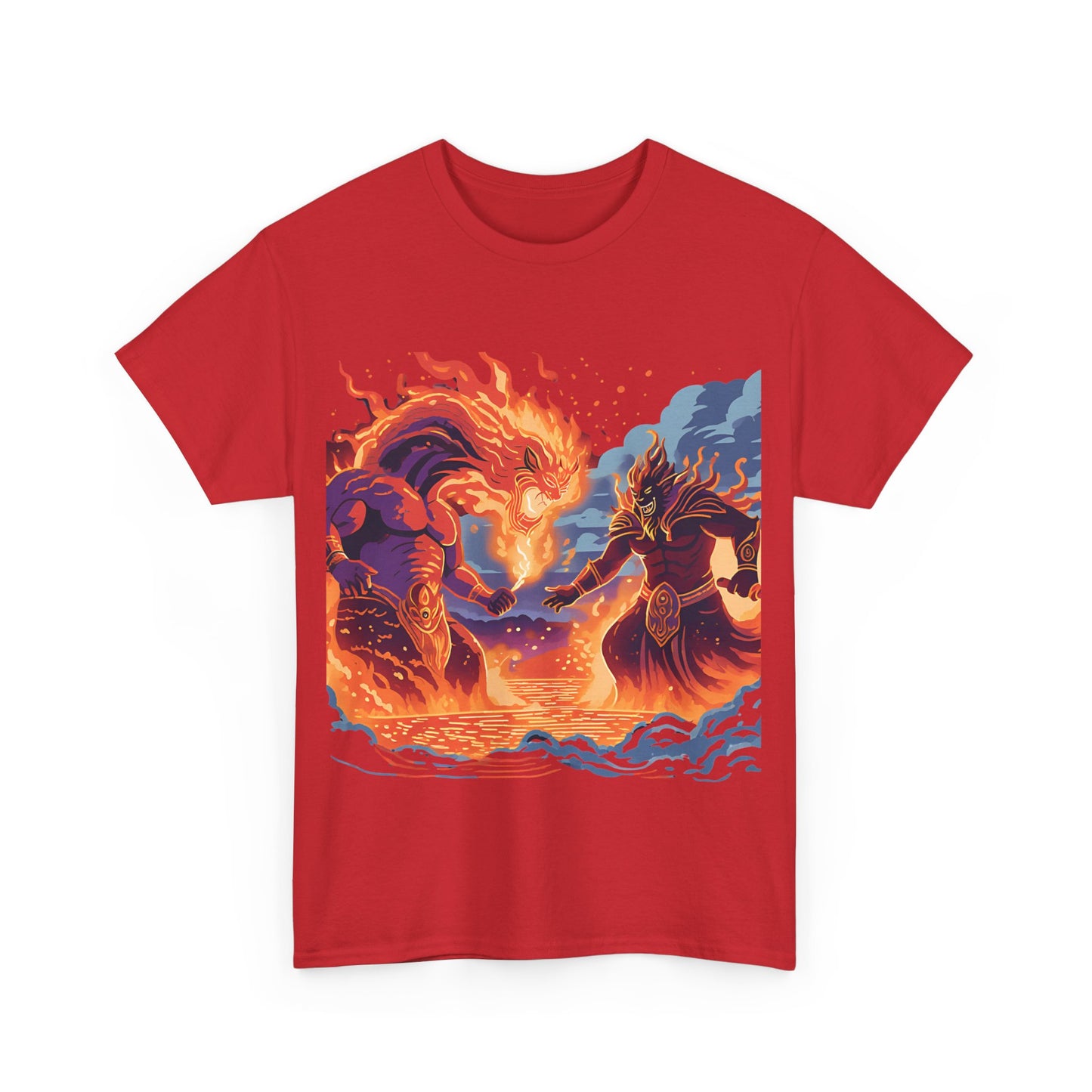 Epic Battle Unisex Heavy Cotton Tee - Fiery Dragon vs. Ocean Guardian Design