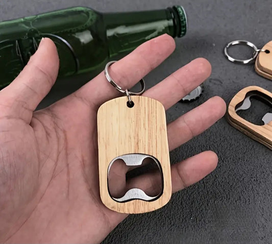 Personalised Wooden Bottle Opener Keychains with Stainless Steel Ring